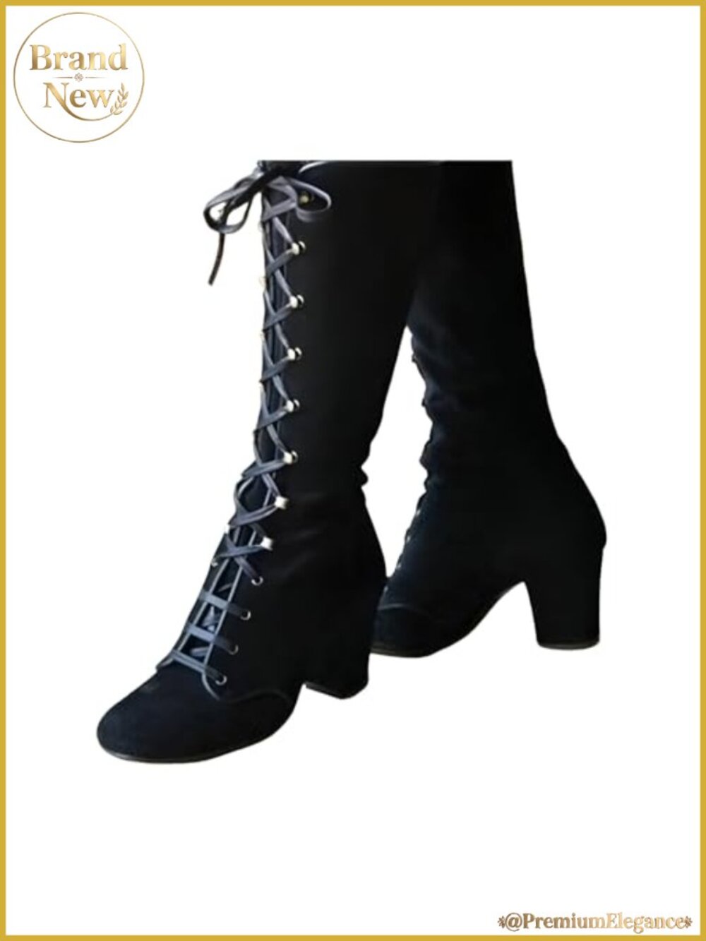 Faux Suede Mid-Calf Boots Women Lace Up Chunky High Heels Winter Gothic